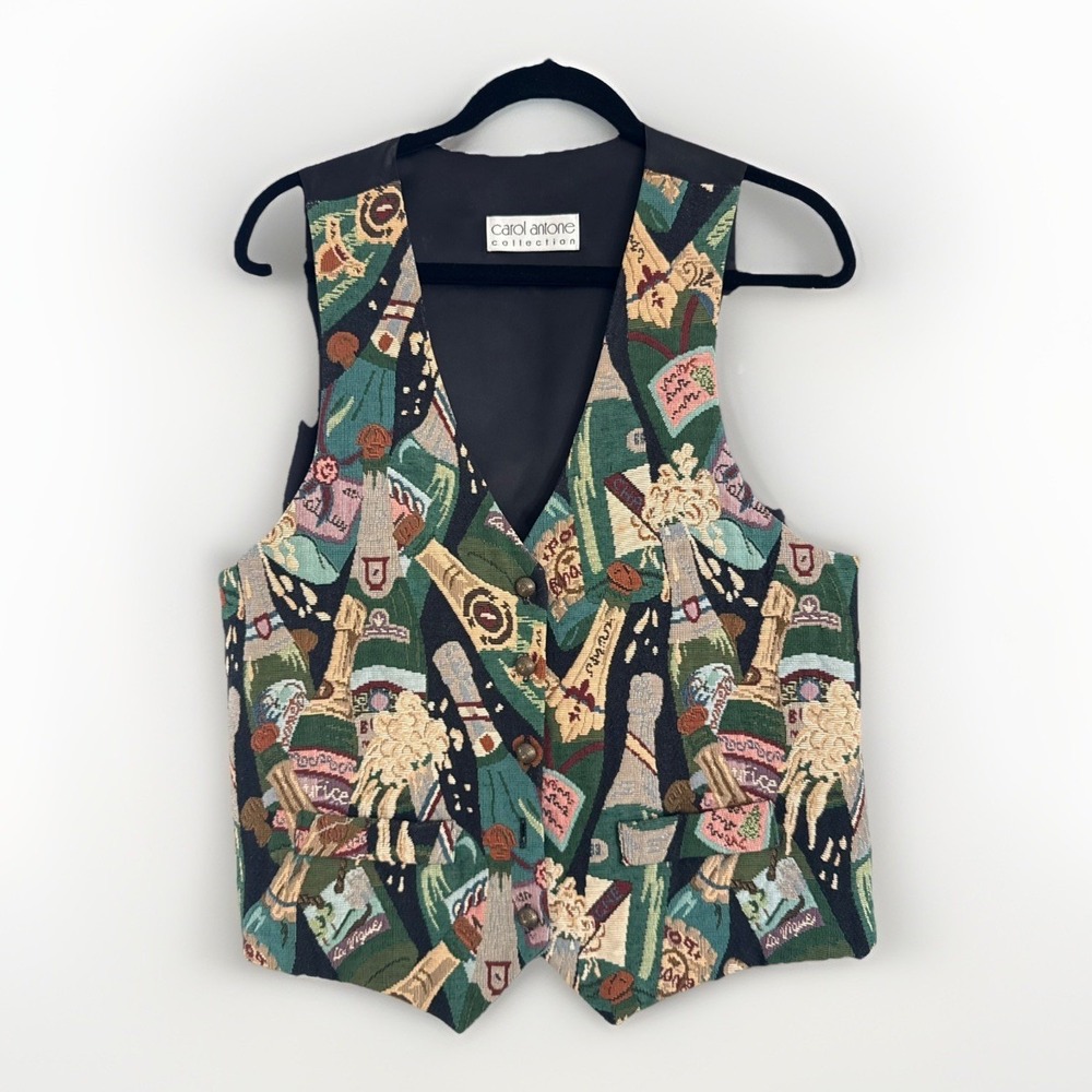 Carol Antone Vintage Tapestry Vest Champagne Bottle Corks Women's Sz L Made USA